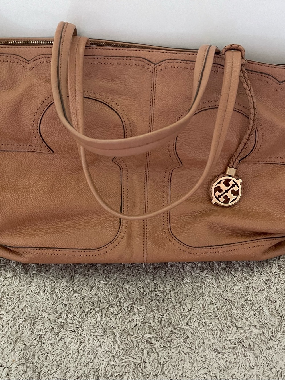 Tory Burch Cognac Leather Tote with Logo Charm